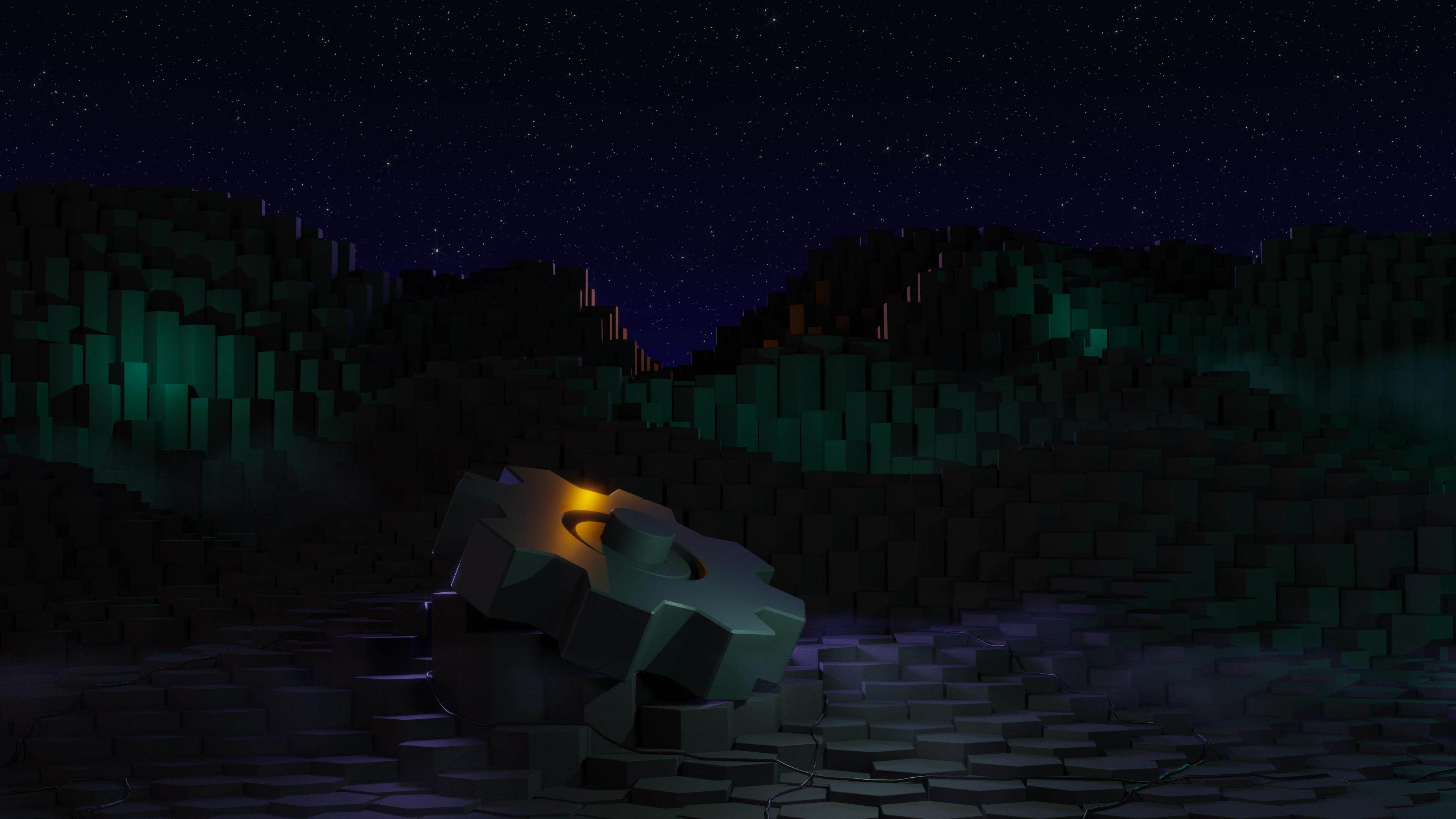 Hexagon terrain, a big gear in night starry sky