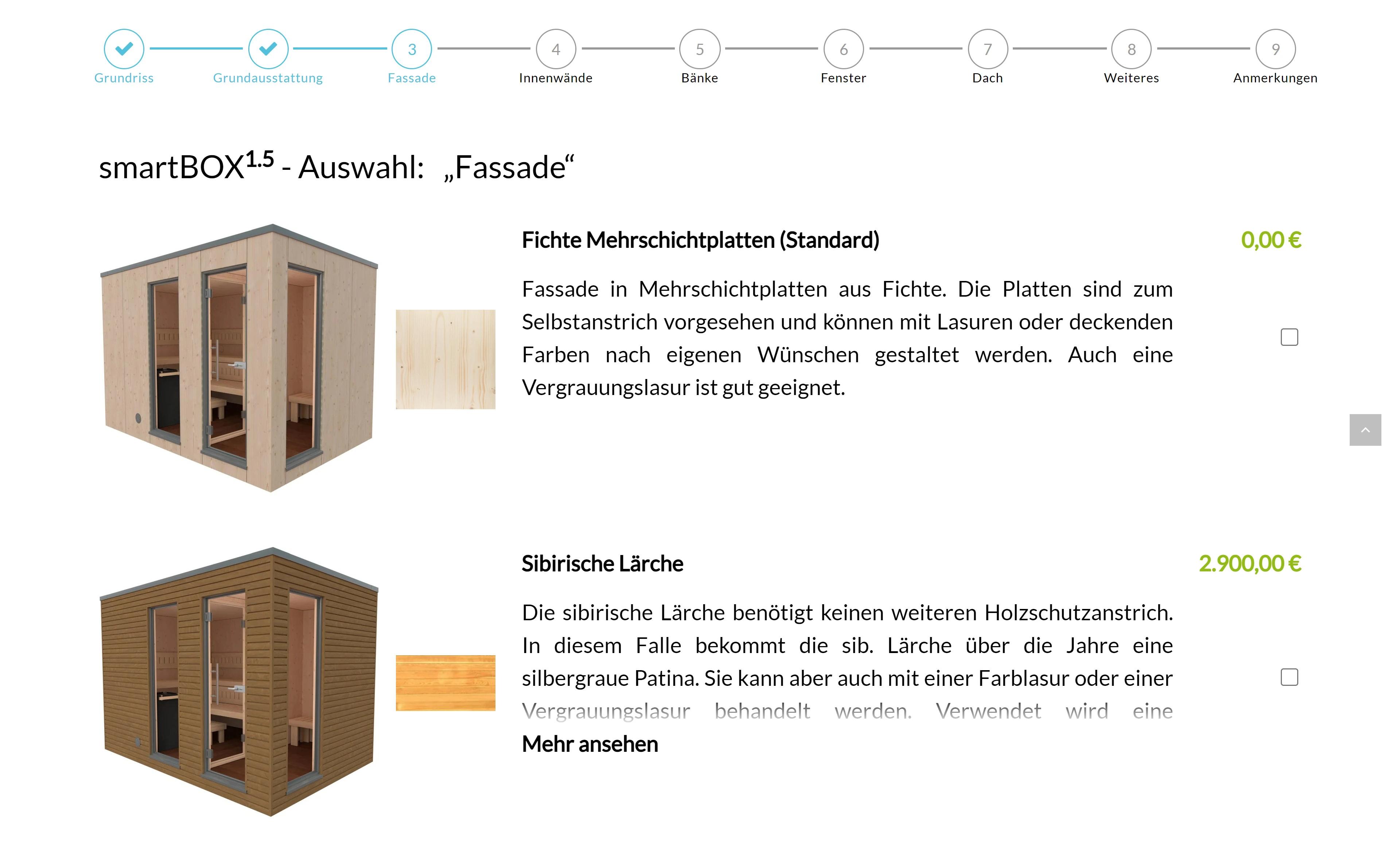 Saunahouse Configurator facade selection