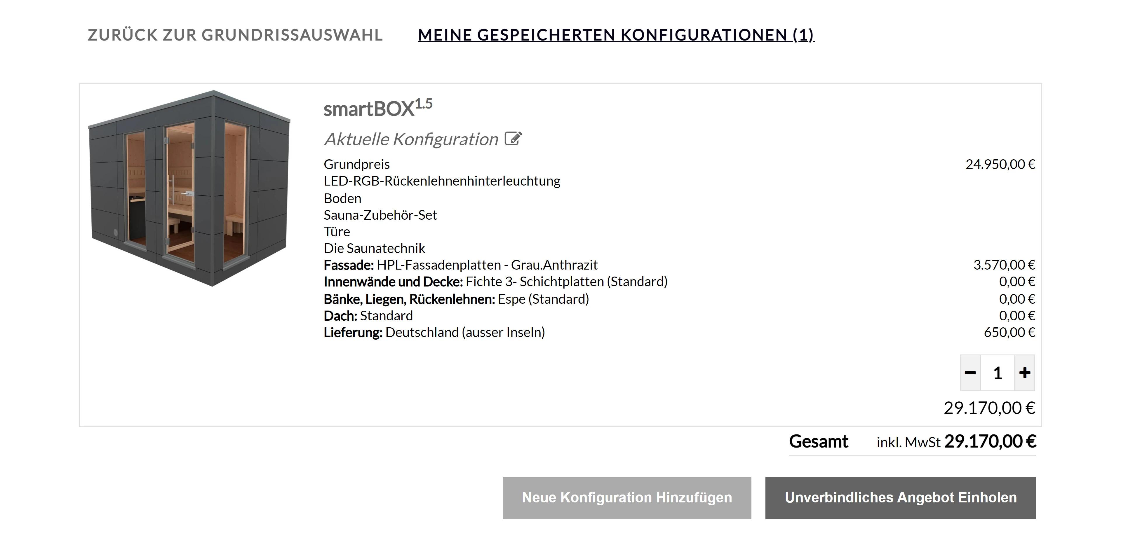 Saunahouse Configurator saved overview
